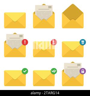 Mail envelope notifications icons set. Concept of incoming email messages, communication, mail delivery service for social network, web or mobile app. Stock Vector