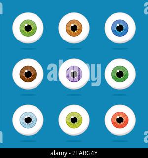 Human eyes set isolated on blue background. Colorful eyeballs iris pupils vector Illustration Stock Vector