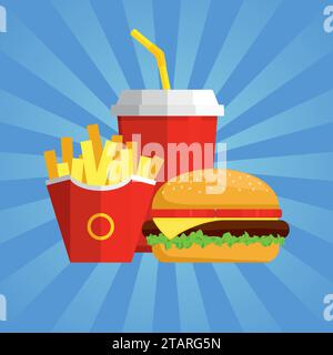 Lunch with Hamburger, French Fries and Soda on blue background. Group of fast food products. Flat design. Vector Illustration Stock Vector