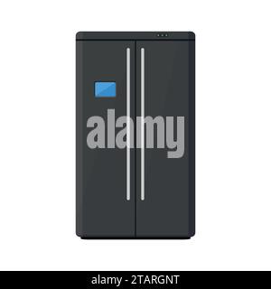 Black modern household appliances fridge with two doors isolated on white background. Electronic device refrigerator. Home appliance freezer Stock Vector