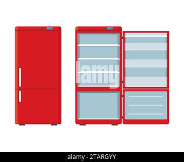 Red household appliances fridge open and closed isolated on white background. Electronic device refrigerator. Home appliance freezer Stock Vector