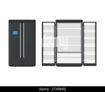 Black modern household appliances fridge with two doors isolated on white background. Electronic device refrigerator open and closed. Home appliance Stock Vector