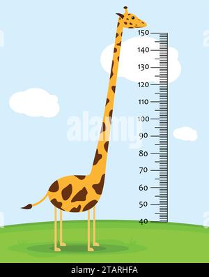 Meter wall or baby scale of growth with Giraffe on the grass. Kids height chart. scale from 40 to 150 centimeter. Vector illustration Stock Vector