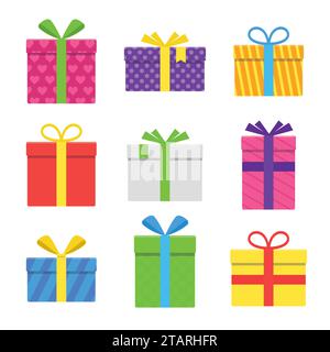 Colorful gift or present box with ribbon and bow vector set isolated on white background. Icons gifts boxes for Christmas or a birthday party Stock Vector