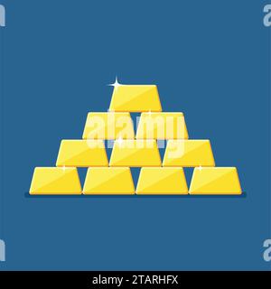 Golden bars pyramid isolated on blue background. Gold bar in flat style. Vector illustration Stock Vector