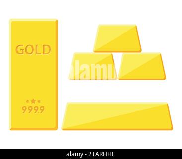 Gold bar isolated on white background. Golden bullion view from different sides. Vector illustration Stock Vector