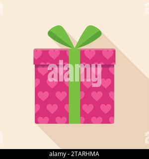 Pink gift or present box icon with green ribbon and bow vector isolated on background. Icon gift box for Christmas or birthday party, valentine day Stock Vector