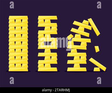 Tower games with gold bars. Game golden tower block stack balance risk puzzle. Vector illustration Stock Vector