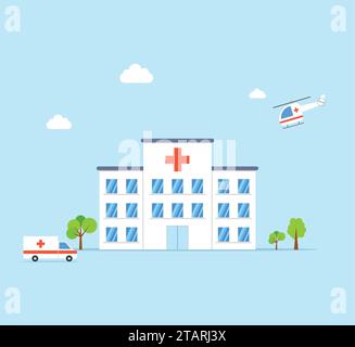 City Hospital building with ambulance and helicopter in flat design on blue background. Clinic Vector Illustration. Stock Vector