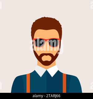 Hipster man character with beard, hairstyle and glasses in flat style. Stylish young guy on background. Hipster avatar icon. Vector illustration Stock Vector