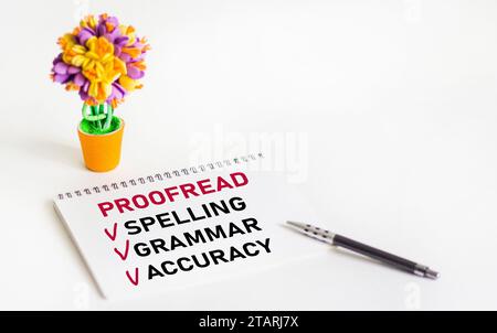 Proofread Spelling Grammar Accuracy phrase written on notepad Stock Photo