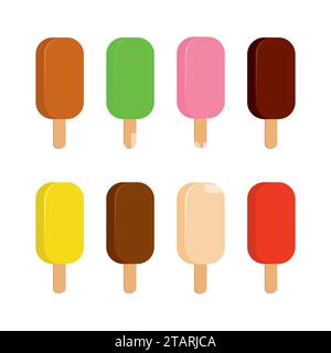Sweet cold ice cream set and tasty frozen ice cream collection vector delicious. Set of cartoon colorful ice-cream desserts. Chocolate, milk and fruit Stock Vector