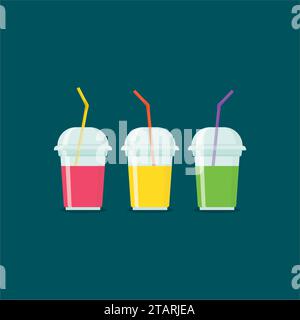 Fruit smoothies in plastic cups isolated on dark background. Smoothies healthy juice fresh diet. Smoothie to go plastic cup with different fruits smoo Stock Vector