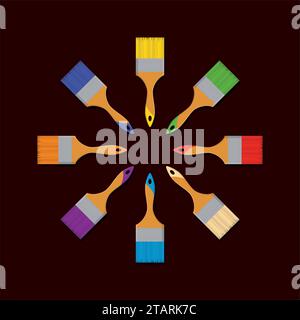 Tools design paint brushes different colors isolated on dark background in flat style. Vector illustration Stock Vector