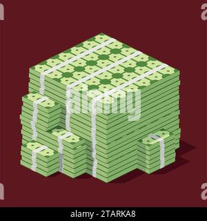 Big stacked pile of cash. Hundreds of dollars in flat style isometric. Huge stacked pile of hundred us dollar cash. Big money concept. Vector illustra Stock Vector