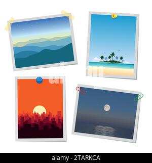 Photo of landscape, mountains, island, city and sea. Cards or reminders templates attached with pushpins, paperclips and scotch tape vector illustrati Stock Vector