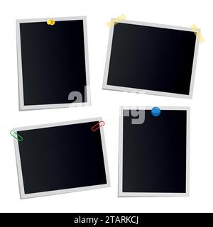 Empty attached photos collection on white. Poster of dark pictures with white frames. Cards or reminders templates attached with pushpins, paperclips Stock Vector