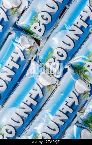 Stuttgart, Germany - November 10, 2023: Bounty Riegel Chocolate Bars By Mars Inc. As Background Portrait In Stuttgart, Germany. Stock Photo