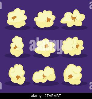 Set of popcorn elements on purple background. Food cinema movie film vector illustration. Stock Vector