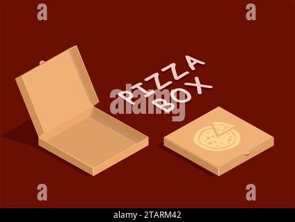 Brown carton packaging pizza box in flat style. Cardboard empty open and close pizza boxes isolated on dark background. Stock Vector