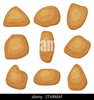 Vector potatoes set isolated on white background. Potatoes different shapes with brown pointed skin. Vegetable potato in flat style vector illustratio Stock Vector