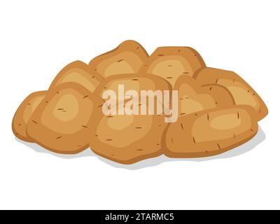 Pile heap of unpeeled potatoes isolated on a white background. Potato tuber on flat style. Set vegetable potatoes different shapes with brown pointed Stock Vector