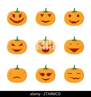 Set of halloween pumpkins heads isolated on white background. Pumpkin head vector icons in flat style. Scary Halloween cartoon pumpkins. Stock Vector