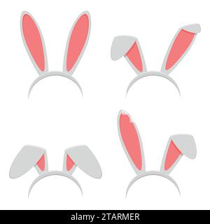 Easter bunny ears mask set isolated on white background. Rabbit ear spring hat in flat style. Headdress, costume isolated element for the celebration Stock Vector