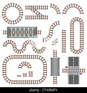 Set of railway parts, rail or railroad top view. Different train constructions elements. Train transportation track made of steel and wood, rail Stock Vector