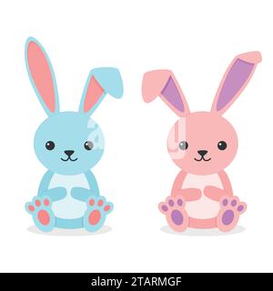 Cute rabbits sitting boy and girl isolated on white background. Little bunnies blue and pink in flay style. Vector illustration Stock Vector