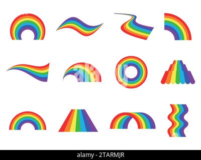 Set of vector rainbows icons isolated on white background. Different abstract shapes. Vector illustration Stock Vector