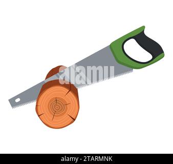 Hand saw sawing wood tree isolated on white background. Tools carpenter, repairmen. Vector illustration Stock Vector