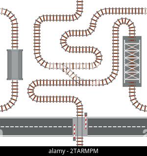 Railway seamless pattern, rail or railroad top view. Train transportation track made of steel and wood, rail wavy or curvy, straight connections. Stock Vector