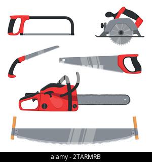 Lumberjack and woodworking tools icons isolated on white background. Axeman instruments saw set. Carpentry tools for sawing wood products. Timber Stock Vector