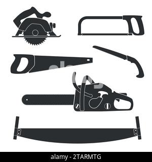 Lumberjack and woodworking tools icons isolated on white background. Axeman instruments saw set. Carpentry tools for sawing wood products. Timber Stock Vector