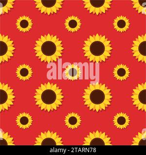 Sunflower with green leaves seamless pattern. Sunflowers on red background vector illustration Stock Vector