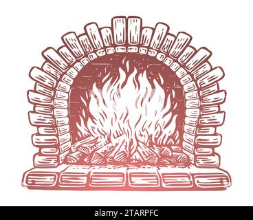 Fire burns in a fireplace. Burning logs in the oven. Vector illustration Stock Vector