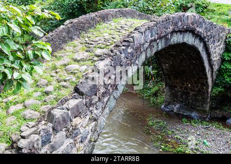 travel to Georgia - ancient arch stone bridge of Queen Tamar on river Makho in Maho village, Adjara on autumn day Stock Photo