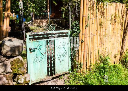 travel to Georgia - bamboo fence and old gate to rural yard in Mirveti village in Adjara on sunny autumn day Stock Photo
