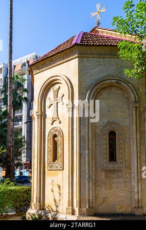 travel to Georgia - cross on Church of St. Barbara on Rustaveli Avenue in Batumi city in autumn morning. St Barbara Church was founded in 1888, by the Stock Photo