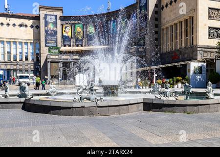 Yerevan, Armenia - September 14, 2023: Charles Aznavour Square with fountain and Moscow Cinema hall on background on Abovyan Street in central Kentron Stock Photo