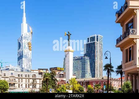 Batumi, Georgia - September 15, 2023: skyline of Batumi city with skyscrapers and Medea statue on sunny morning Stock Photo