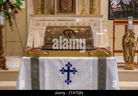Traveling reliquary of Saints Louis and Zelie Martin, parents of St. Therese of Lisieux at St. Mary's Catholic Church in Stillwater, Minnesota USA. Stock Photo