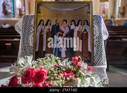 Painting of Louis and Zelie Martin's family with St. Therese as a child with siblings at St. Mary's Catholic Church in Stillwater, Minnesota USA. Stock Photo