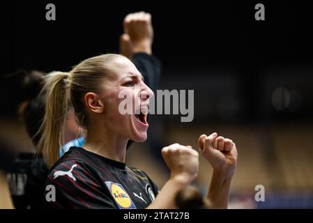 Herning, Denmark. 02nd Dec, 2023. Handball, Women: World Championship, Iran - Germany, preliminary round, Group F, match day 2. Germany's Jenny Behrend celebrates. Credit: Dpa/dpa/Alamy Live News Stock Photo