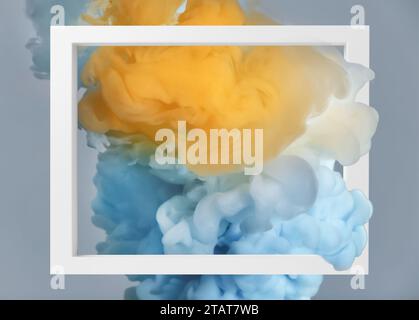 Splashes of colorful ink and frame on grey background Stock Photo