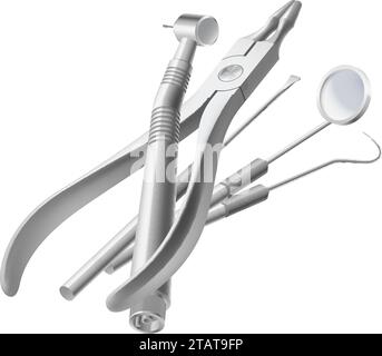 Basic Dentist Instruments and Tools Laid out Against on White Background. A set of Metal Medical Equipment for Teeth Dental Care Stock Vector