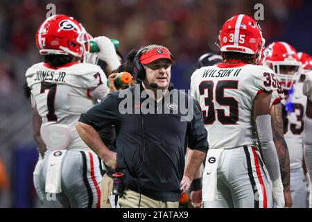 Atlanta, USA. 03rd Dec, 2023. Georgia head coach Kirby Smart reacts during the second half against Alabama in the SEC Championship game at Mercedes-Benz Stadium on Saturday, Dec. 2, 2023, in Atlanta. (Photo by Jason Getz/The Atlanta Journal-Constitution/TNS/Sipa USA) Credit: Sipa USA/Alamy Live News Stock Photo