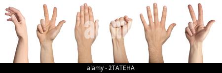 Collage of gesturing male hands on white background Stock Photo
