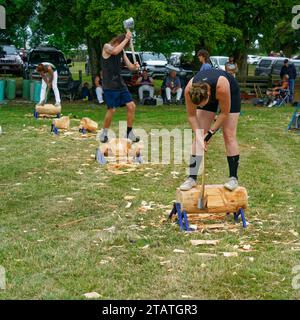 Marchwood Park, Motueka, Tasman District, Aotearoa / New Zealand – December 2, 2023: Axemen and axewomen in a wood chopping competition at the Motueka Stock Photo